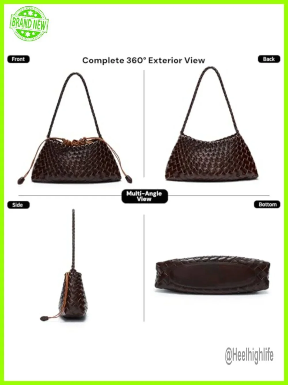 Vegan Leather Braided Strap Shoulder Bag with Inner Drawstring Pouch